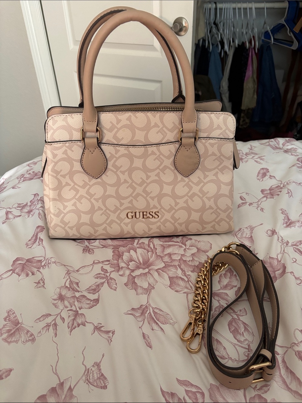 GUESS Pink Logo Jacquard Satchel with Gold Hardware